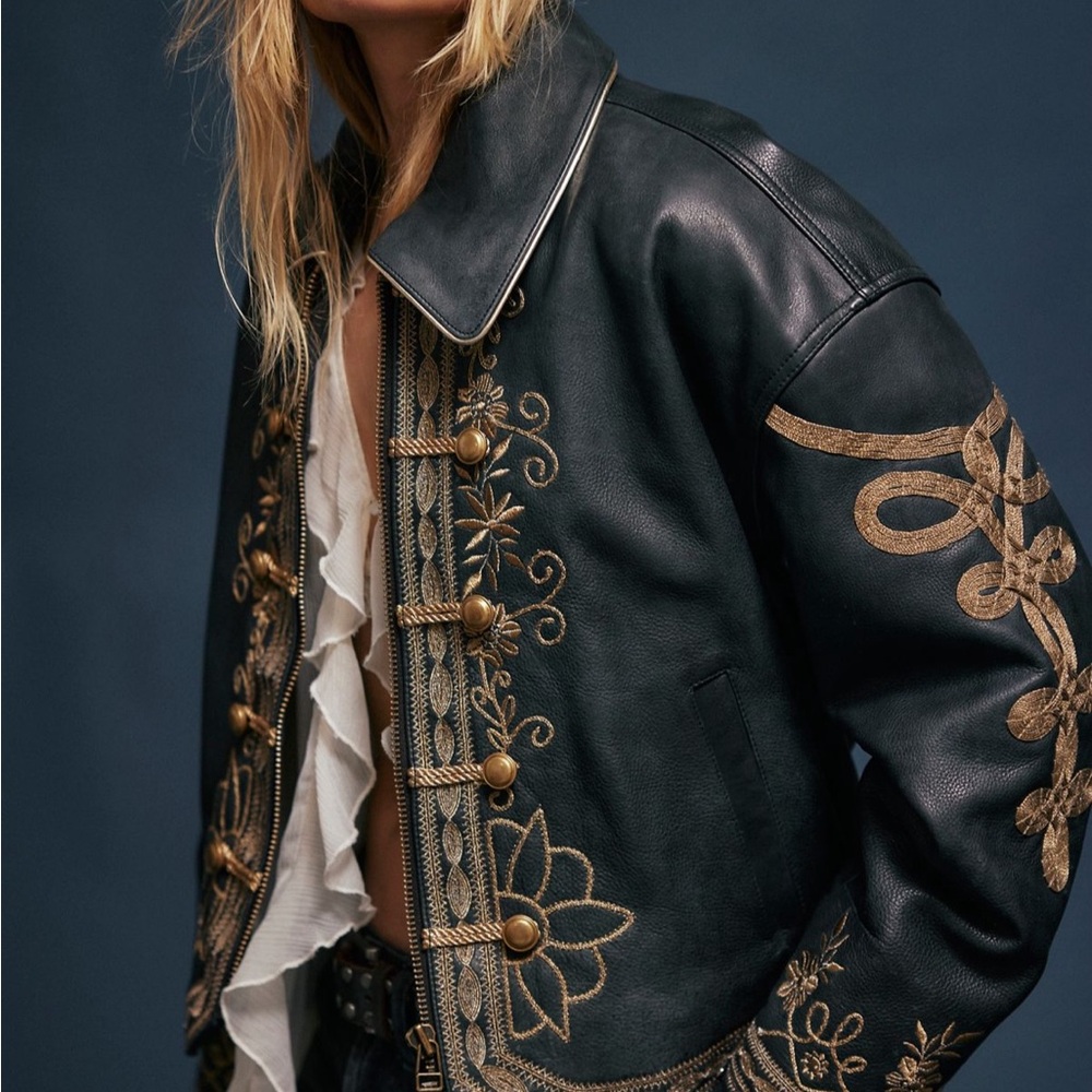 Sold Out We The Free People Lana Black and Gold Leather Jacket Embroidery XS - Picture 2 of 7